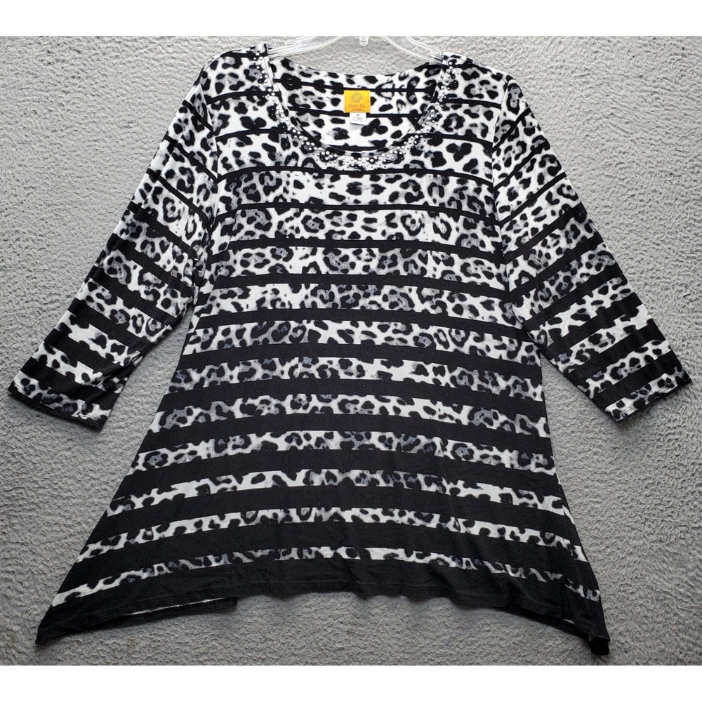 Ruby Rd Shift Dress Women 1X Multi Stripe Leopard Print Long Sleeve Studded Neck